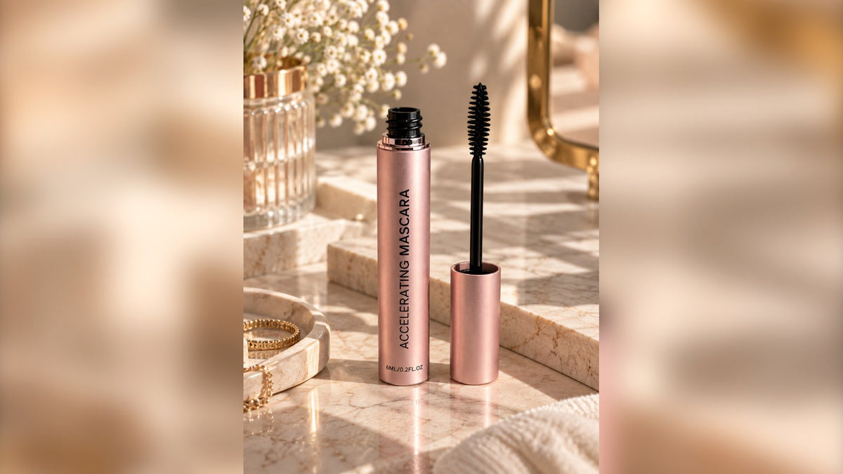 Mascara allongeant infusé au sérum Dreameyes rose poudré, brosse ouverte sur un plateau en marbre