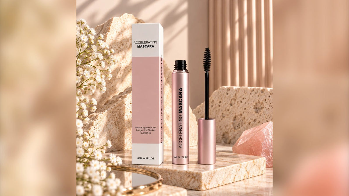 Sérum de croissance des cils et mascara infusé au sérum Dreameyes sur un plateau en marbre