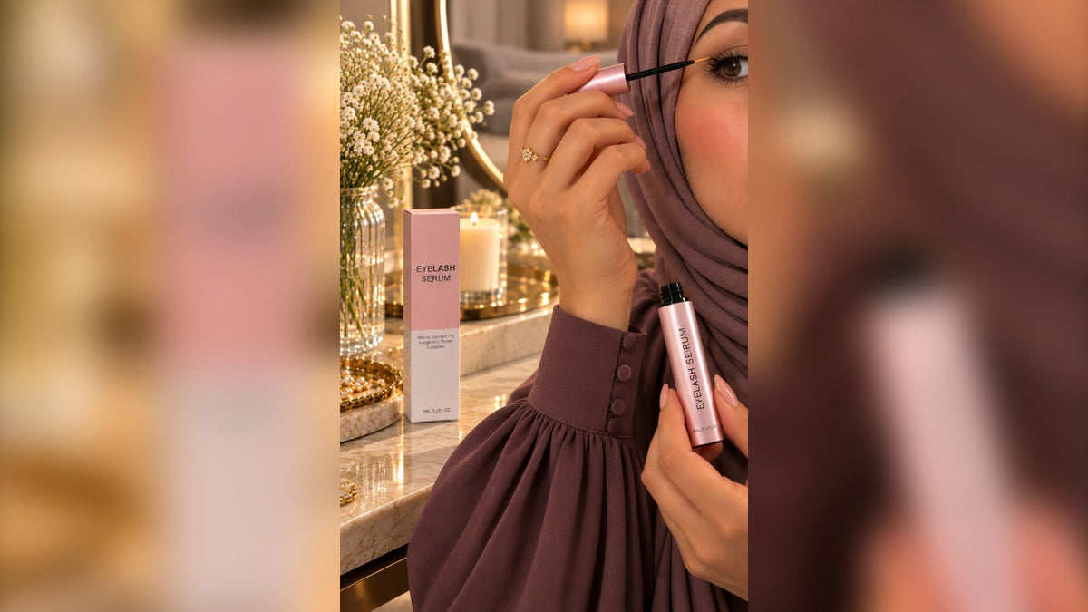 Femme appliquant le sérum de croissance des cils Dreameyes à la racine des cils devant sa coiffeuse